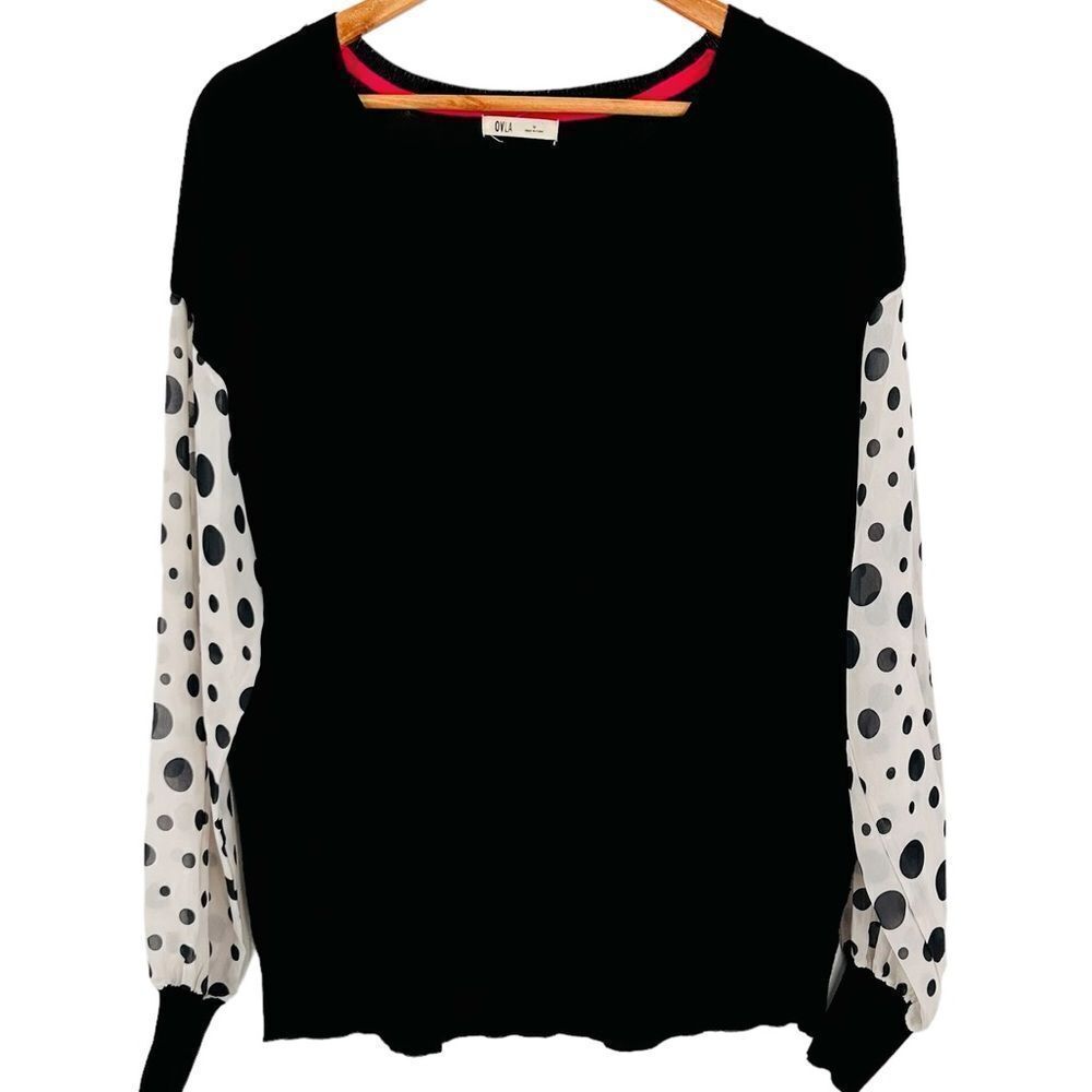 OVLA black sweater with sheer black polka dot sleeves size medium